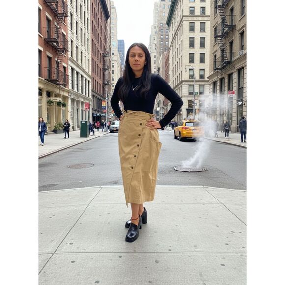 Banana Republic Belted Midi Skirt 16 Khaki Button Front Paperbag Waist NWT - Picture 1 of 8